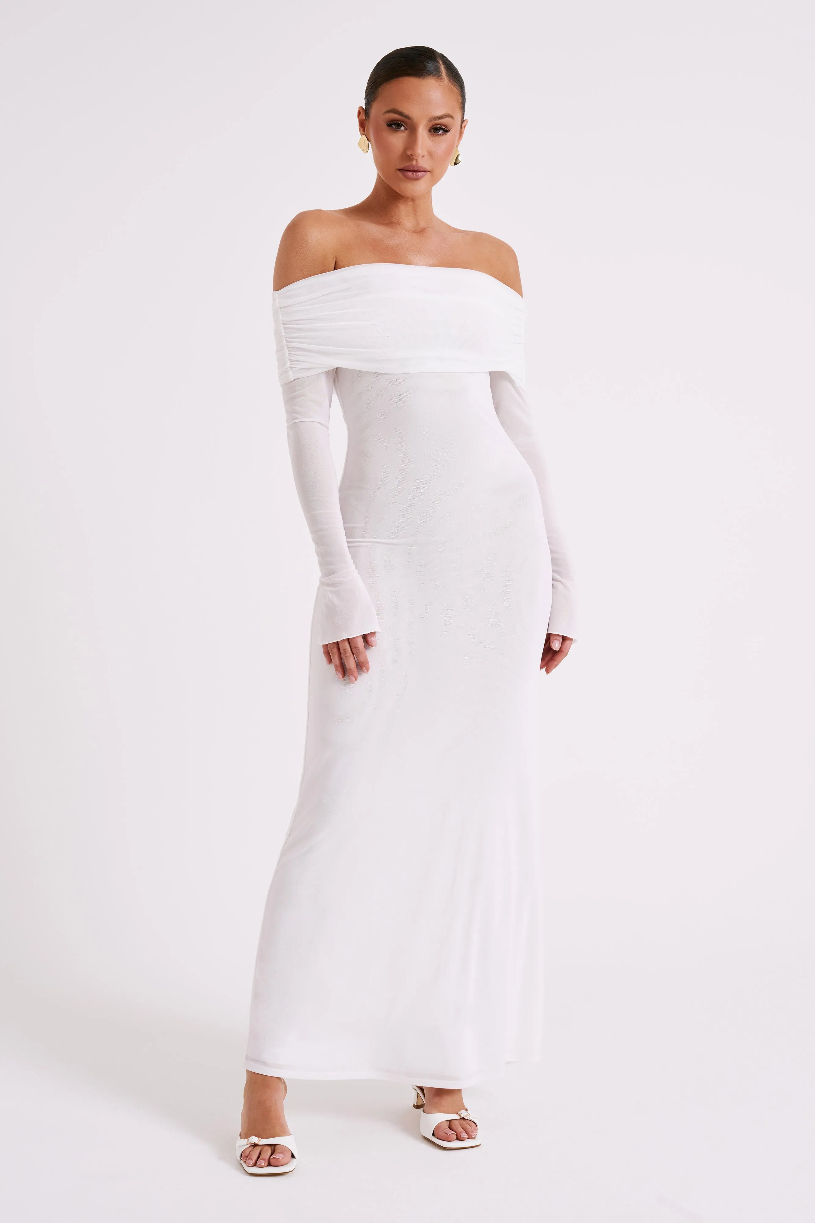 Josie Off Shoulder Mesh Maxi Dress - Ivory sold by Meshki