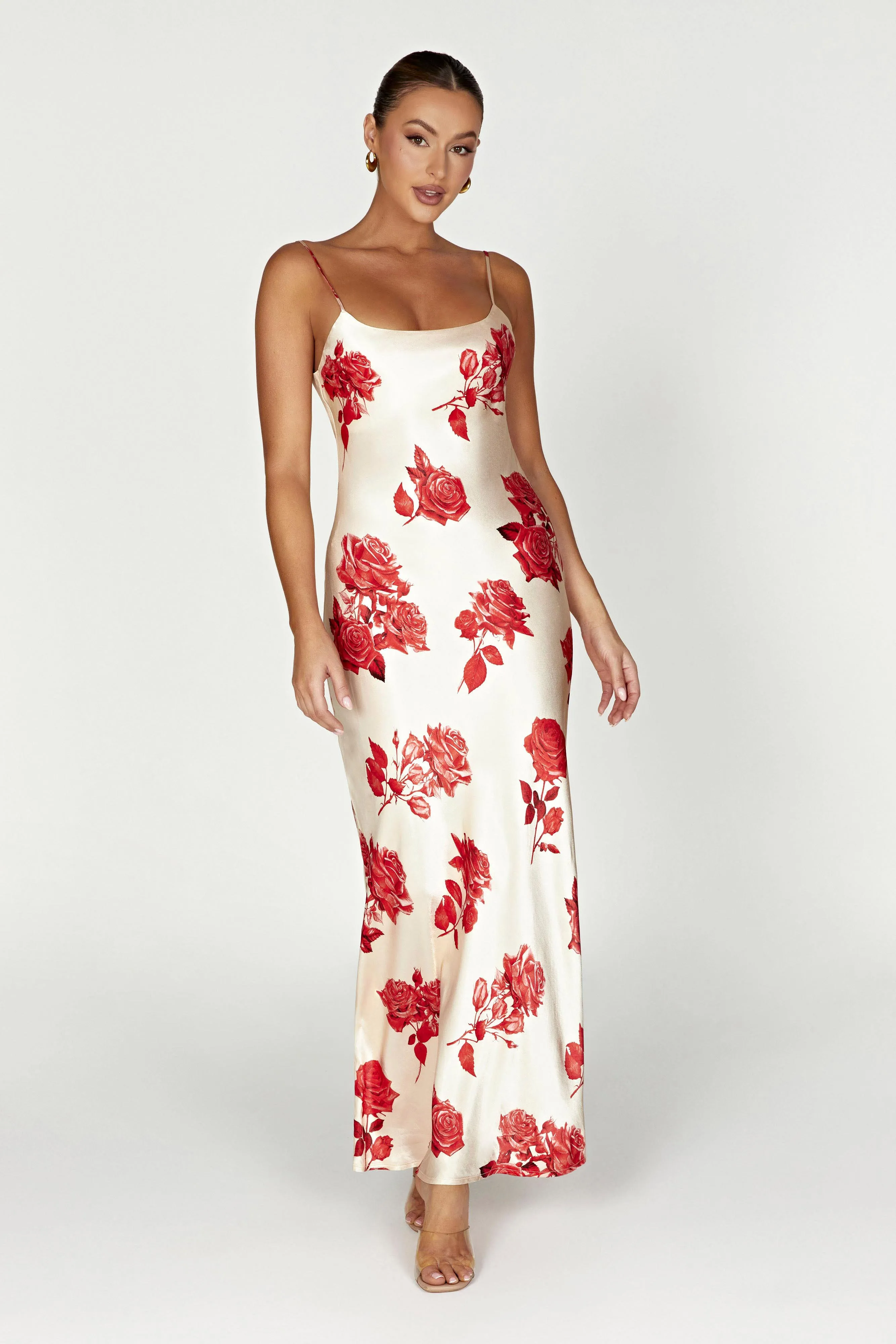 Rosalie Satin Maxi Dress - Rose Print sold by Meshki