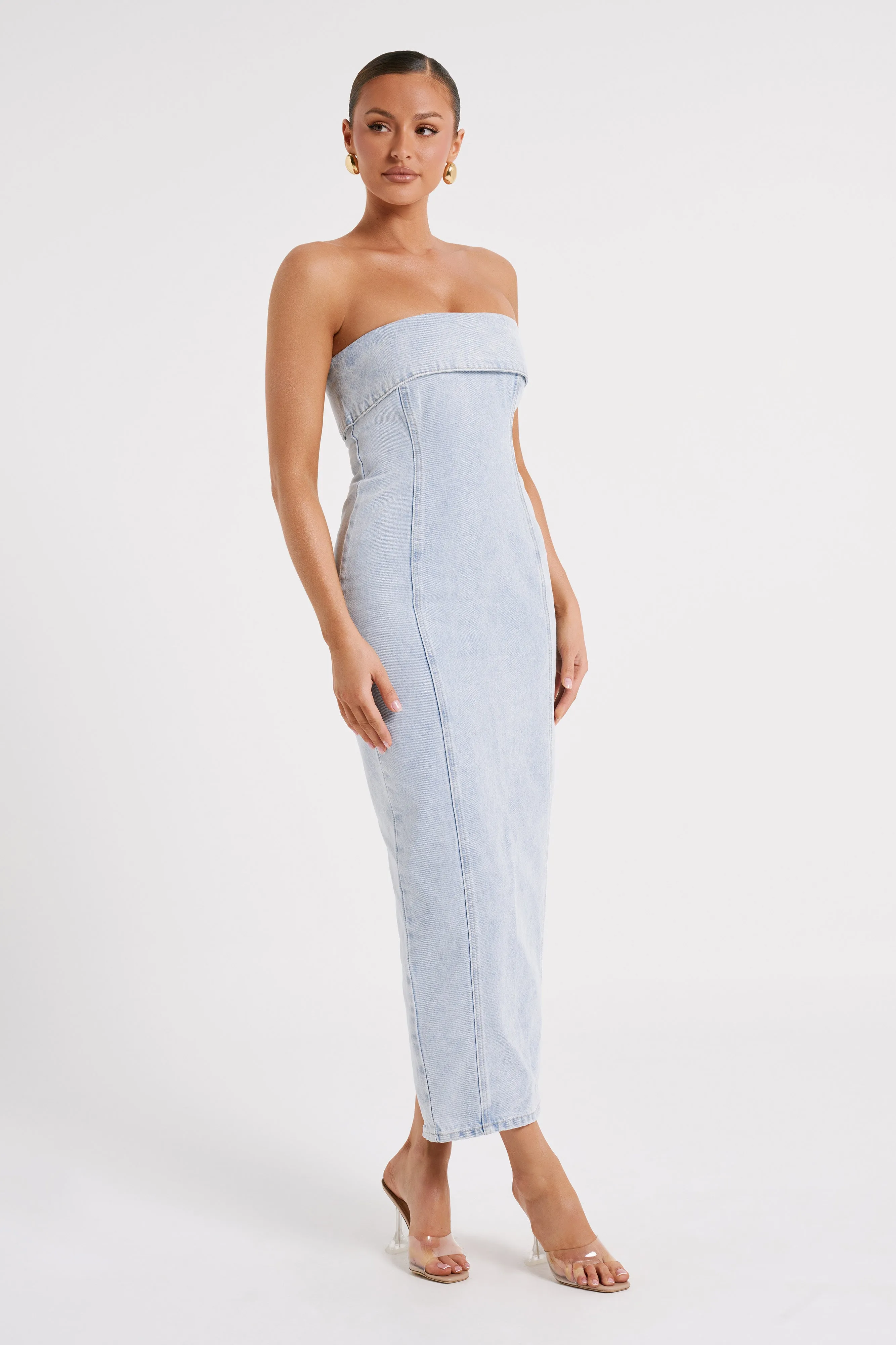 Katherine Strapless Denim Midi Dress - Light Blue sold by Meshki product image thumbnail 4