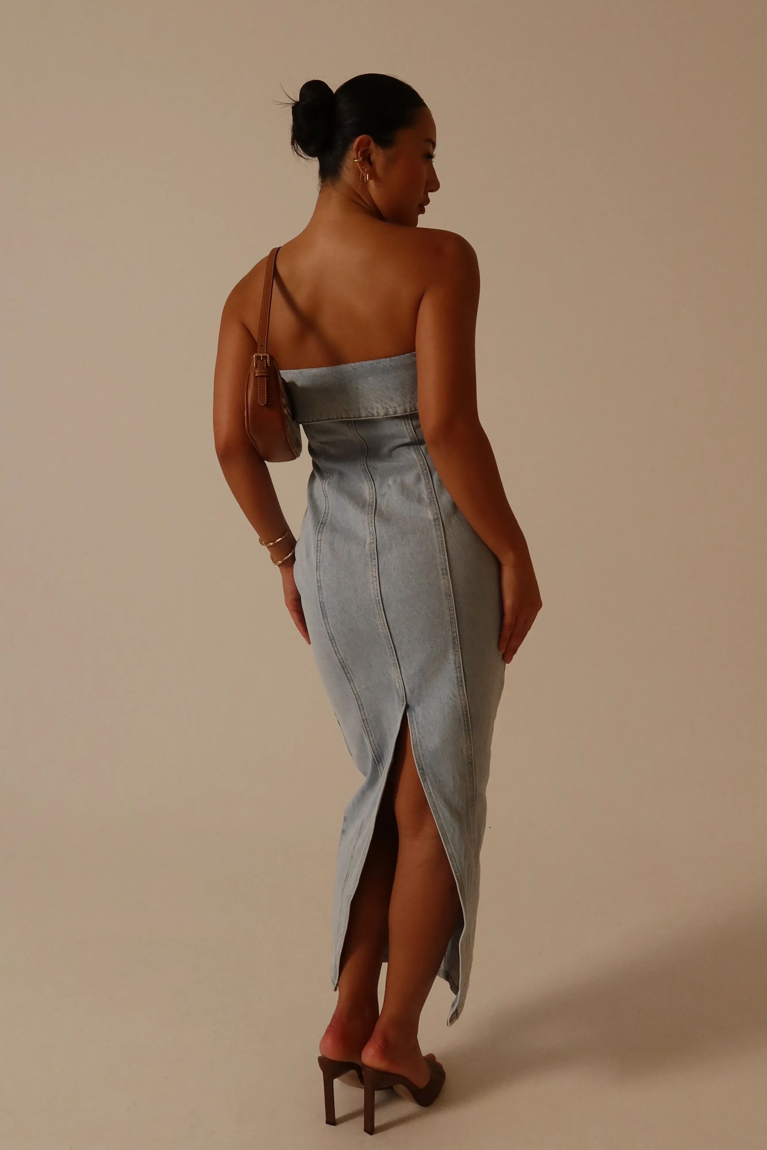 Katherine Strapless Denim Midi Dress - Light Blue sold by Meshki product image thumbnail 2