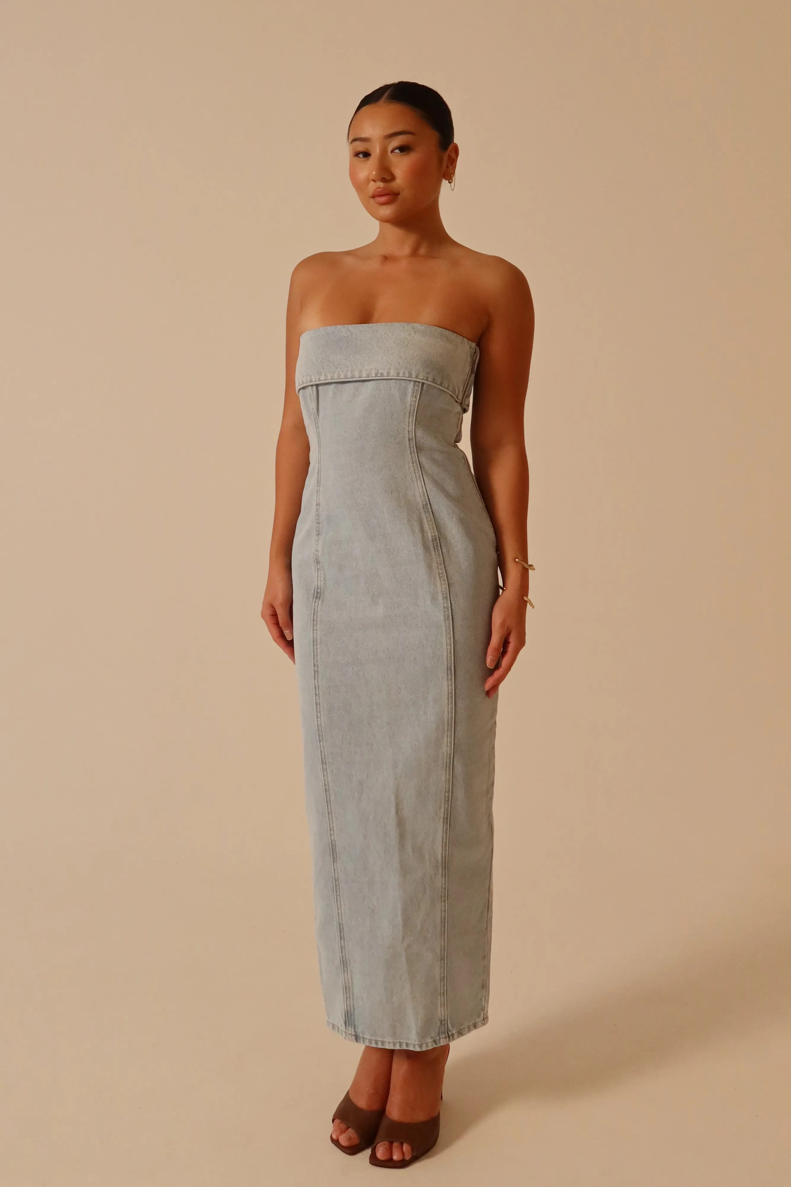Katherine Strapless Denim Midi Dress - Light Blue sold by Meshki product image thumbnail 3