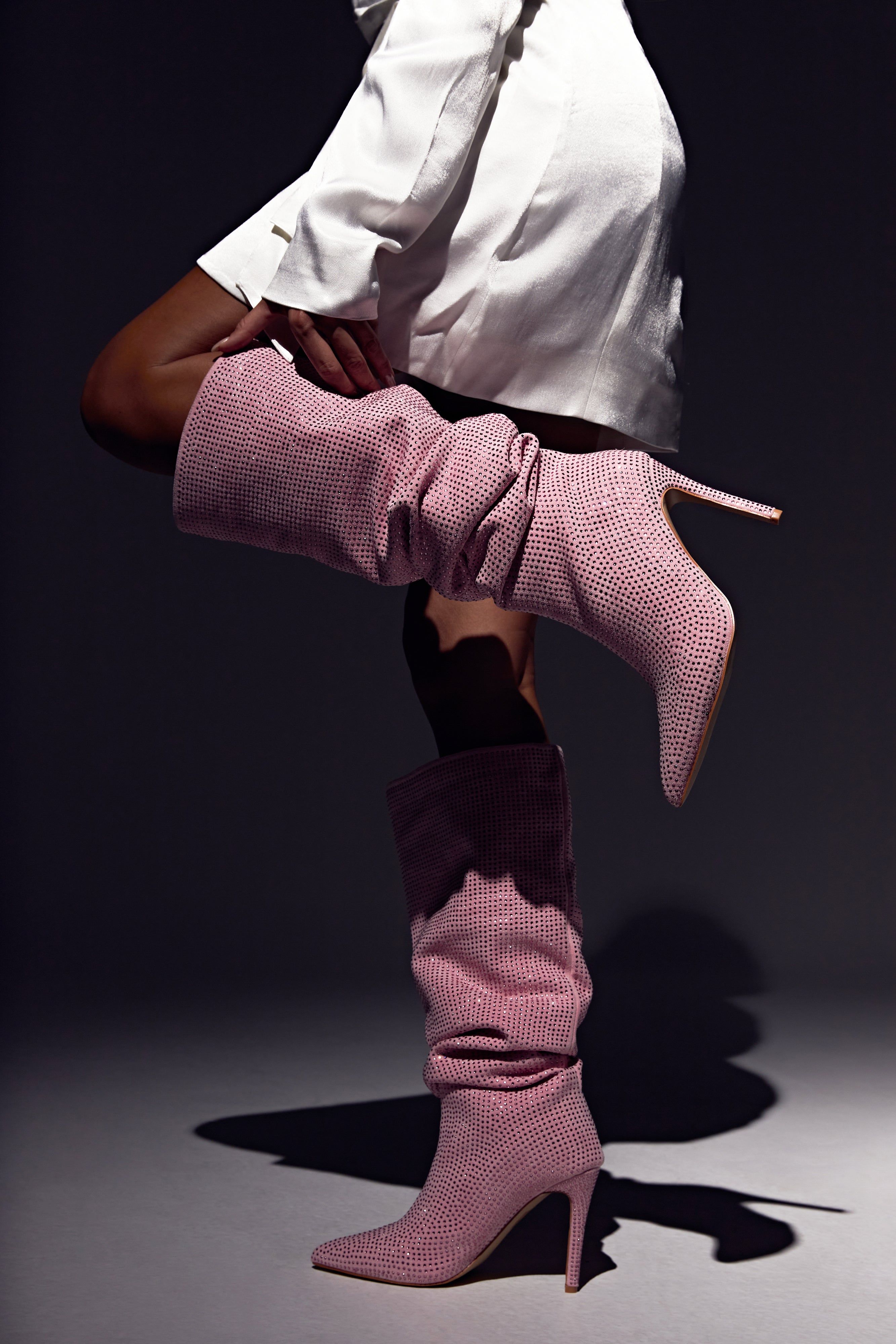 Jenner Diamante High Heel Boot - Blush Pink sold by Meshki