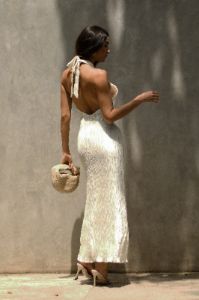 Demetria Plisse Halter Maxi Dress - Ivory sold by Meshki