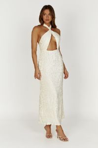 Demetria Plisse Halter Maxi Dress - Ivory sold by Meshki