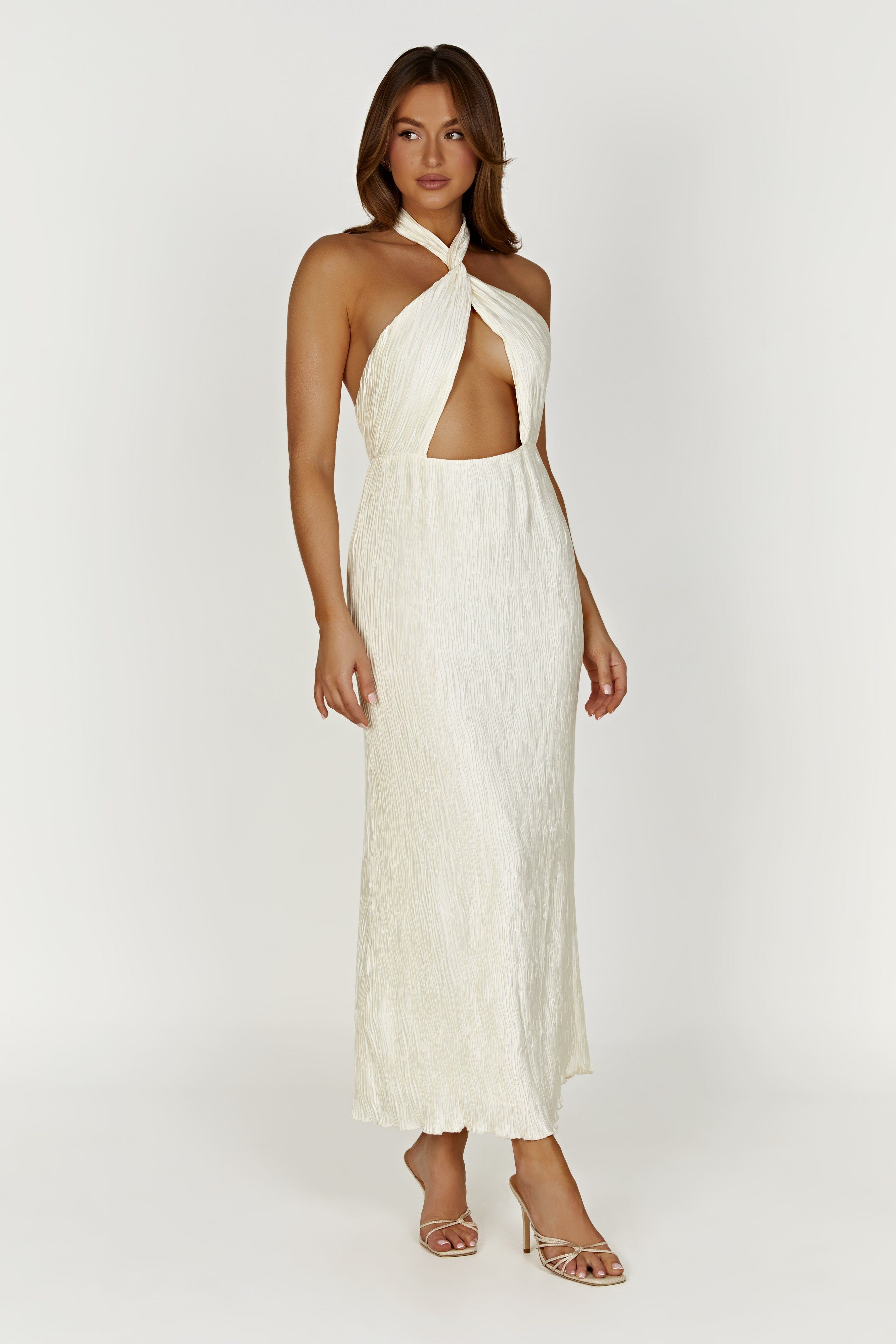 Demetria Plisse Halter Maxi Dress - Ivory sold by Meshki product image thumbnail 3
