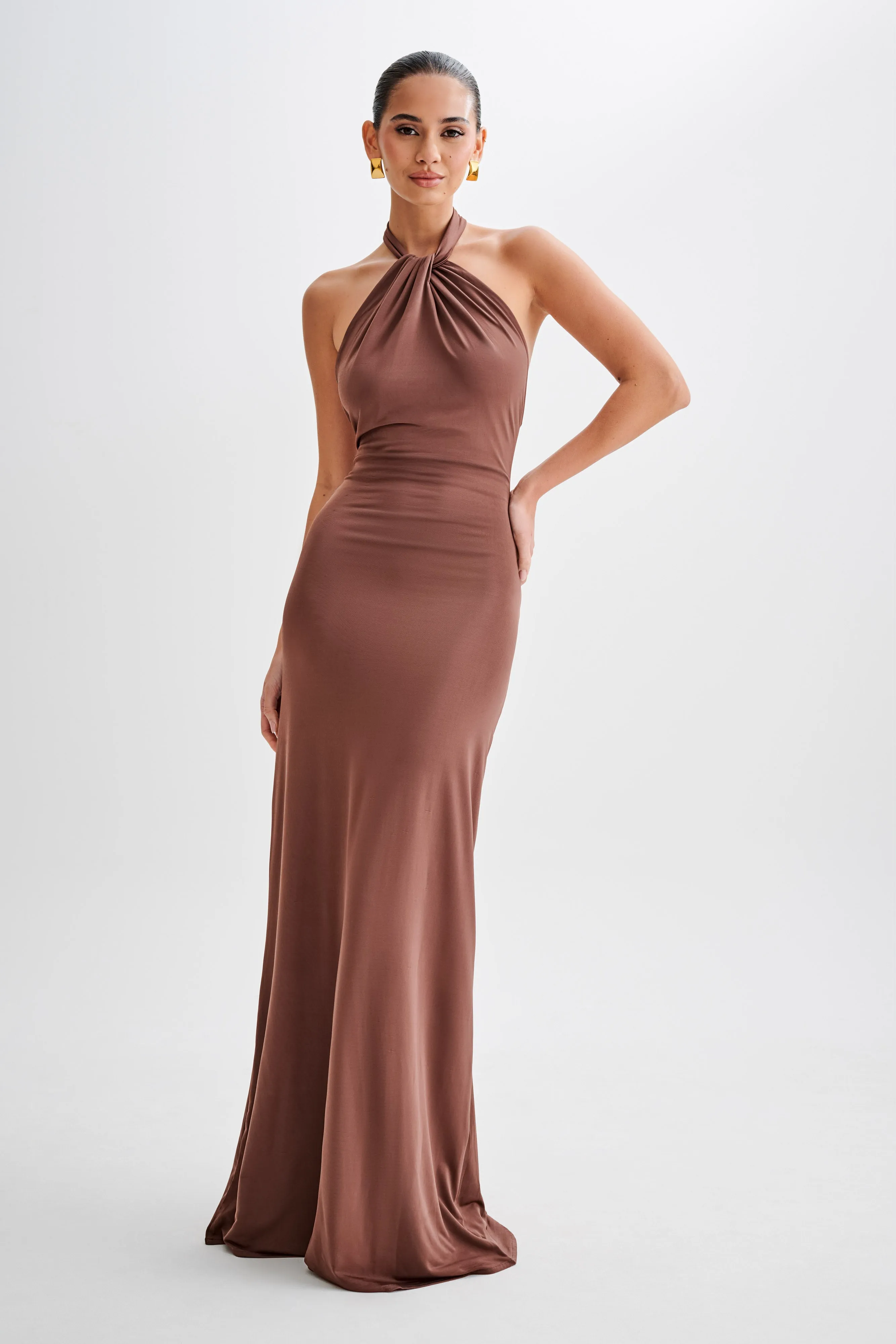 Elyna Slinky Halter Maxi Dress - Chocolate sold by Meshki