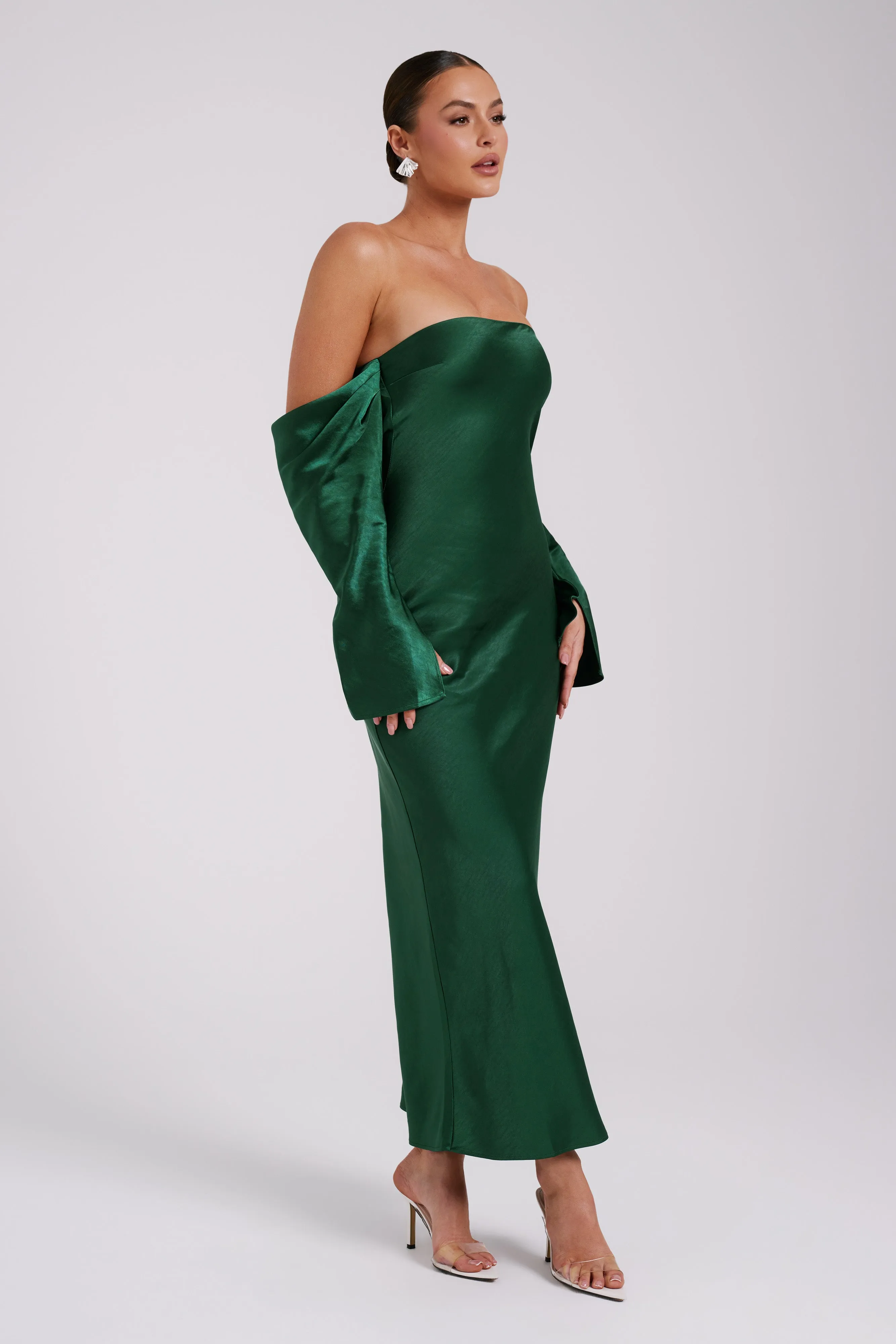 Vee Off Shoulder Satin Midi Dress - Emerald sold by Meshki product image thumbnail 3