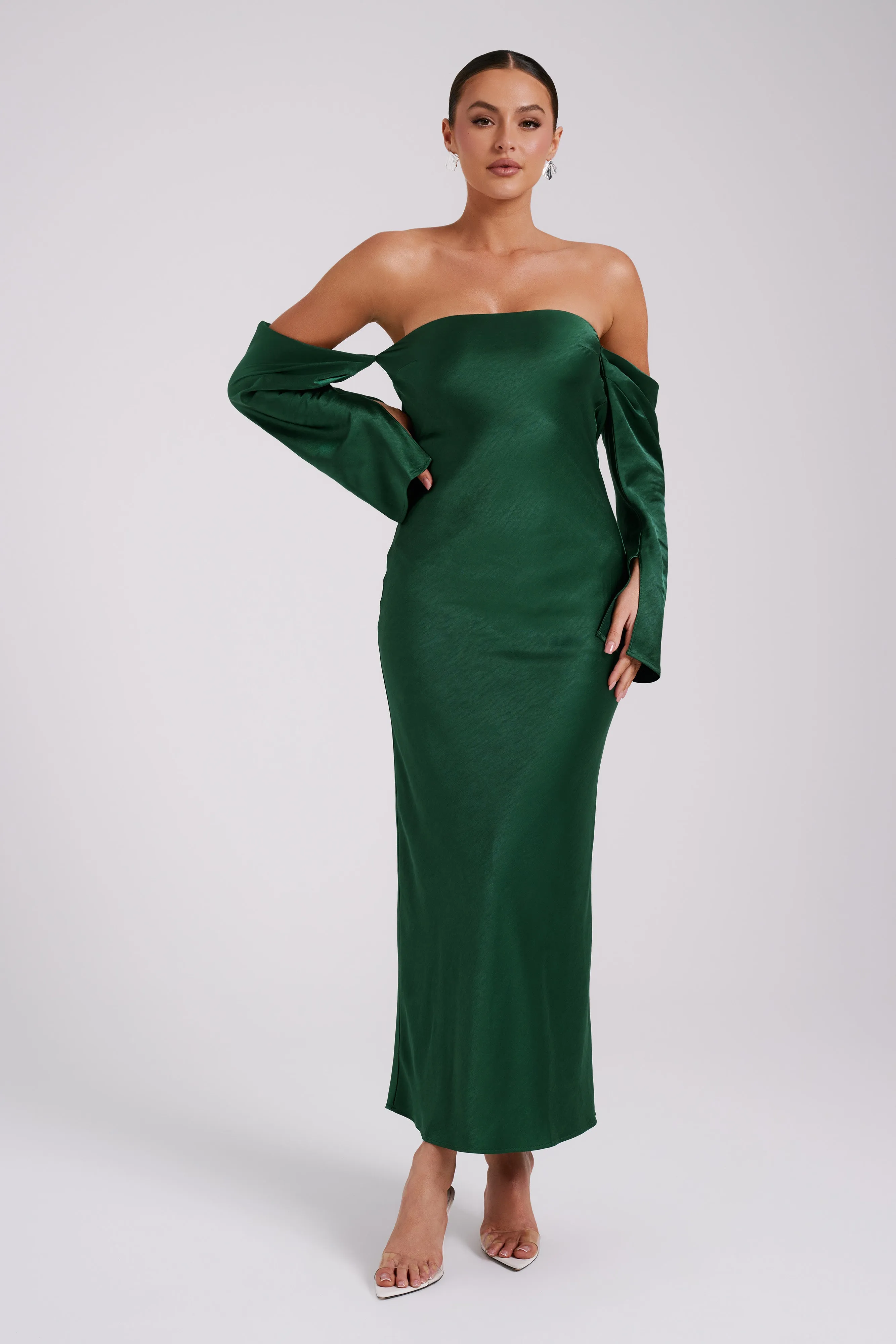 Vee Off Shoulder Satin Midi Dress - Emerald sold by Meshki product image thumbnail 4