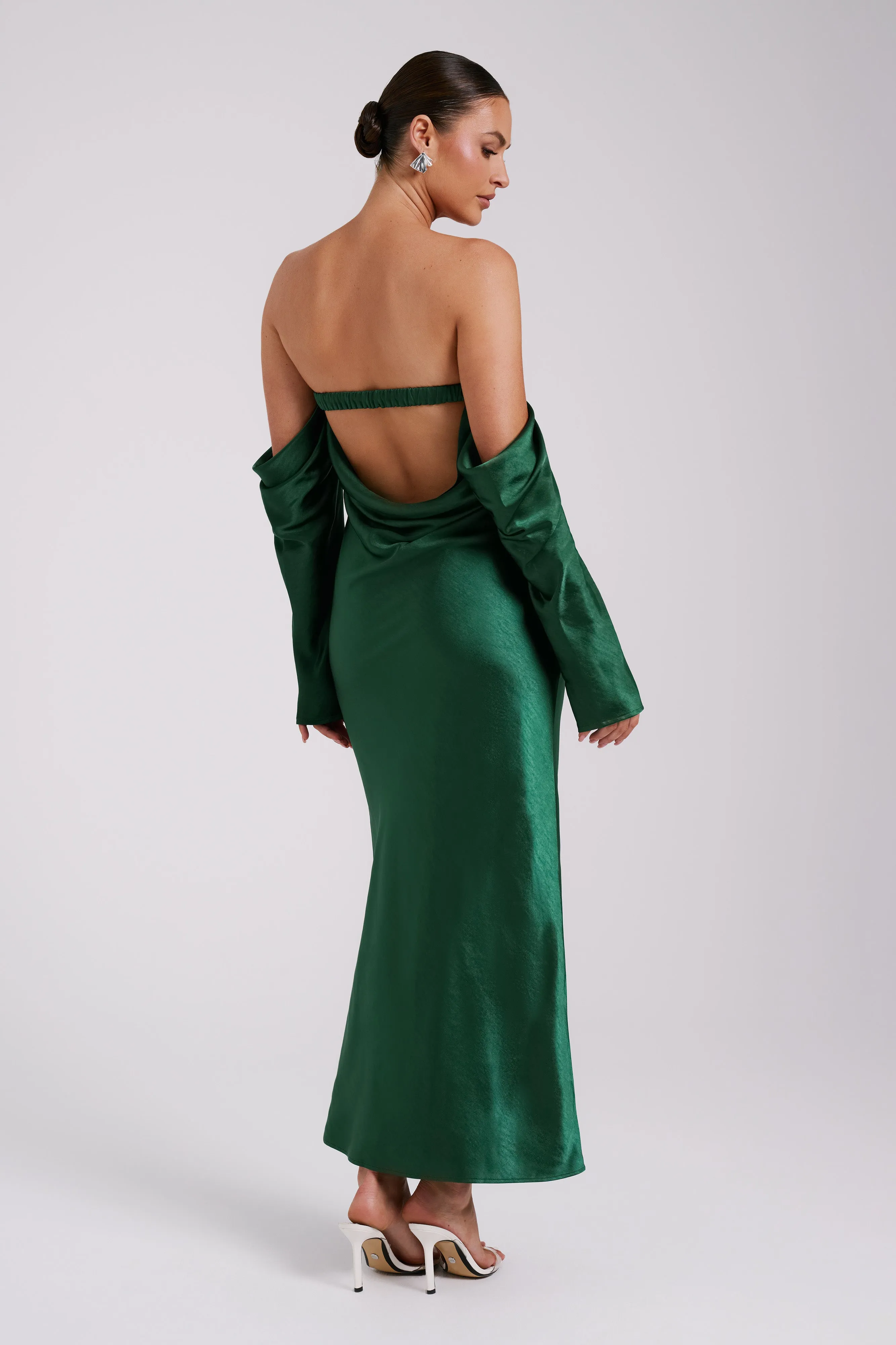 Vee Off Shoulder Satin Midi Dress - Emerald sold by Meshki