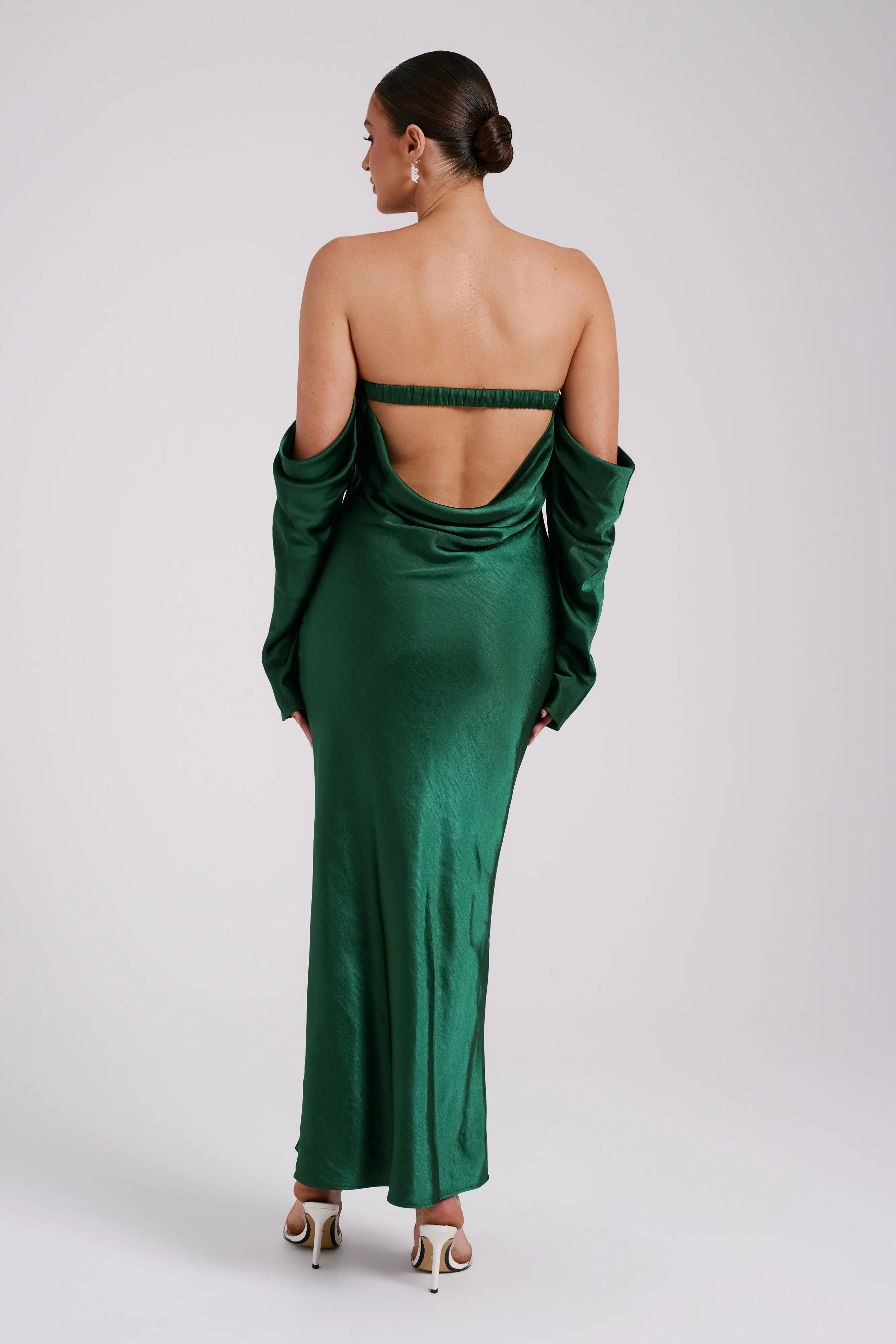 Vee Off Shoulder Satin Midi Dress - Emerald sold by Meshki product image thumbnail 5