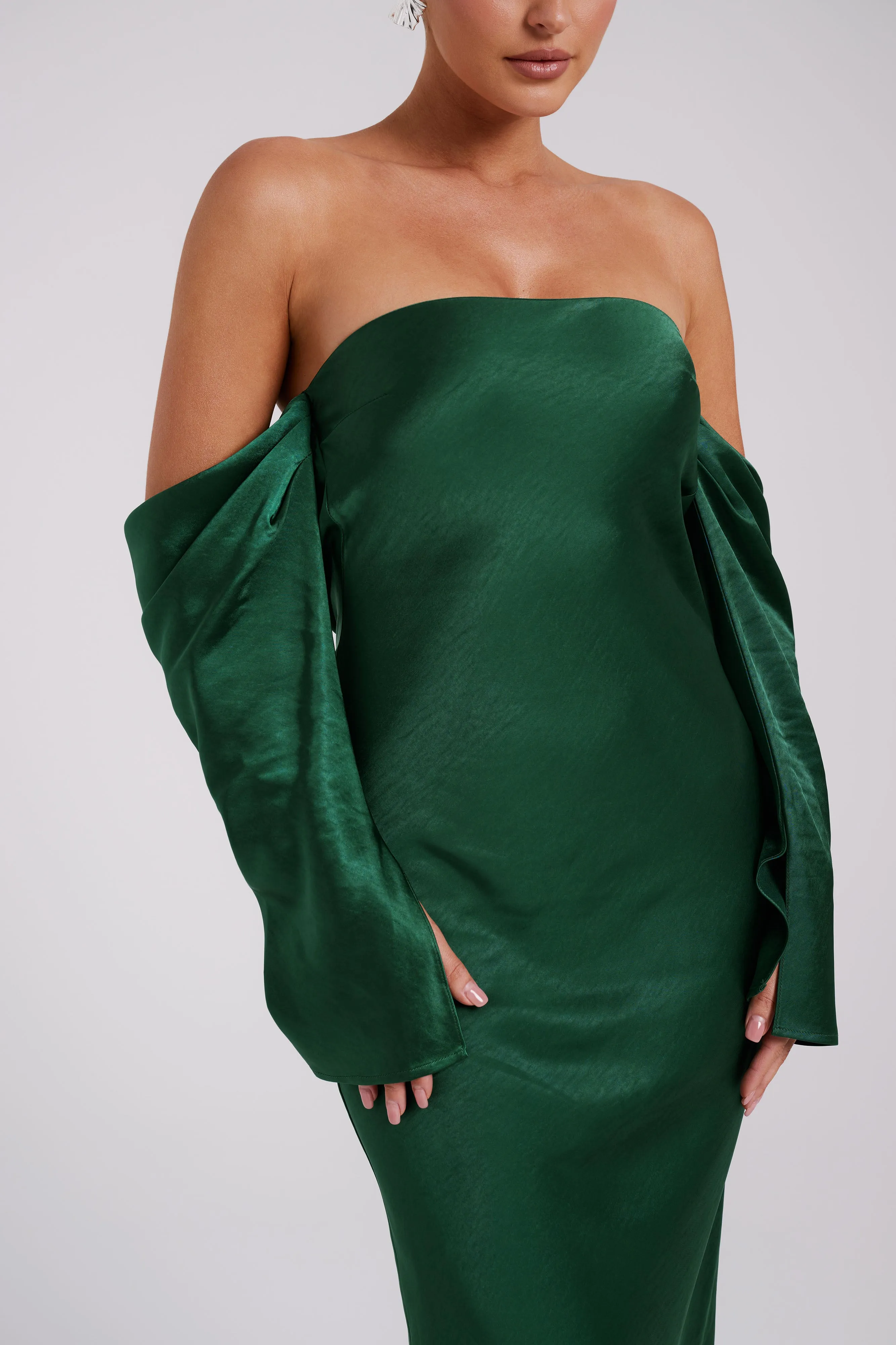 Vee Off Shoulder Satin Midi Dress - Emerald sold by Meshki product image thumbnail 2
