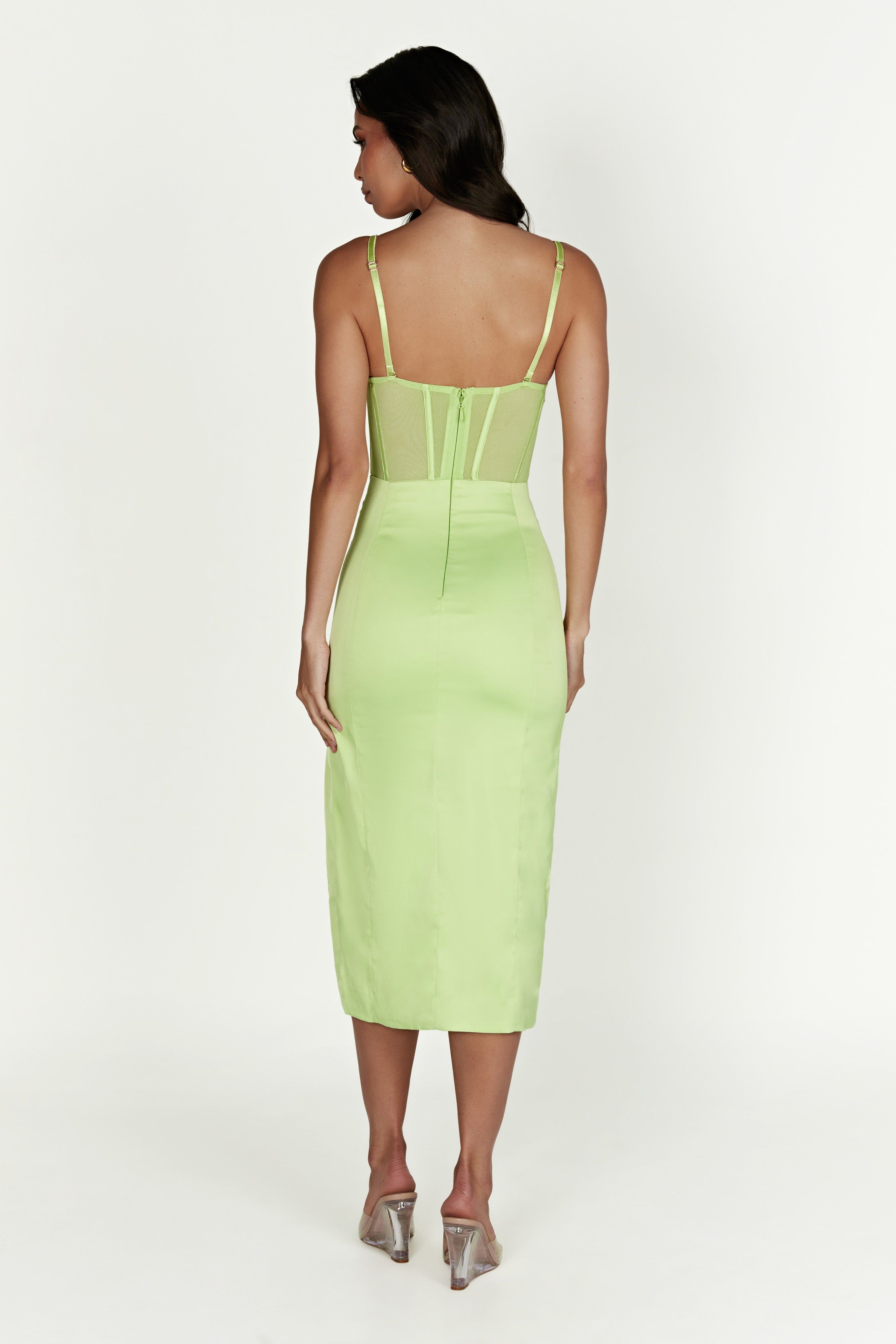 Talisa Chain Strap Side Split Corset Midi Dress - Pistachio Green sold by Meshki product image thumbnail 2
