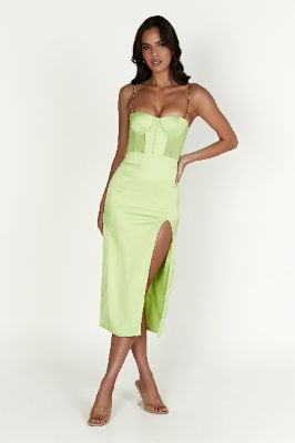Talisa Chain Strap Side Split Corset Midi Dress - Pistachio Green sold by Meshki