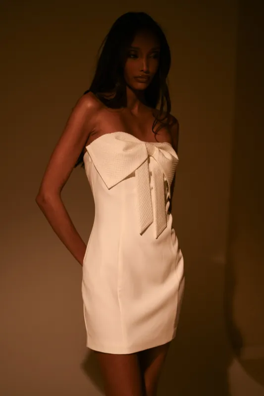 Saoirse Strapless Mini Dress With Diamante Bow - White made by Meshki