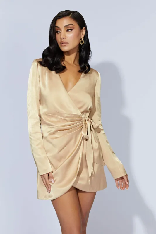 Saira Tie Up Mini Dress - Wheat sold by Meshki