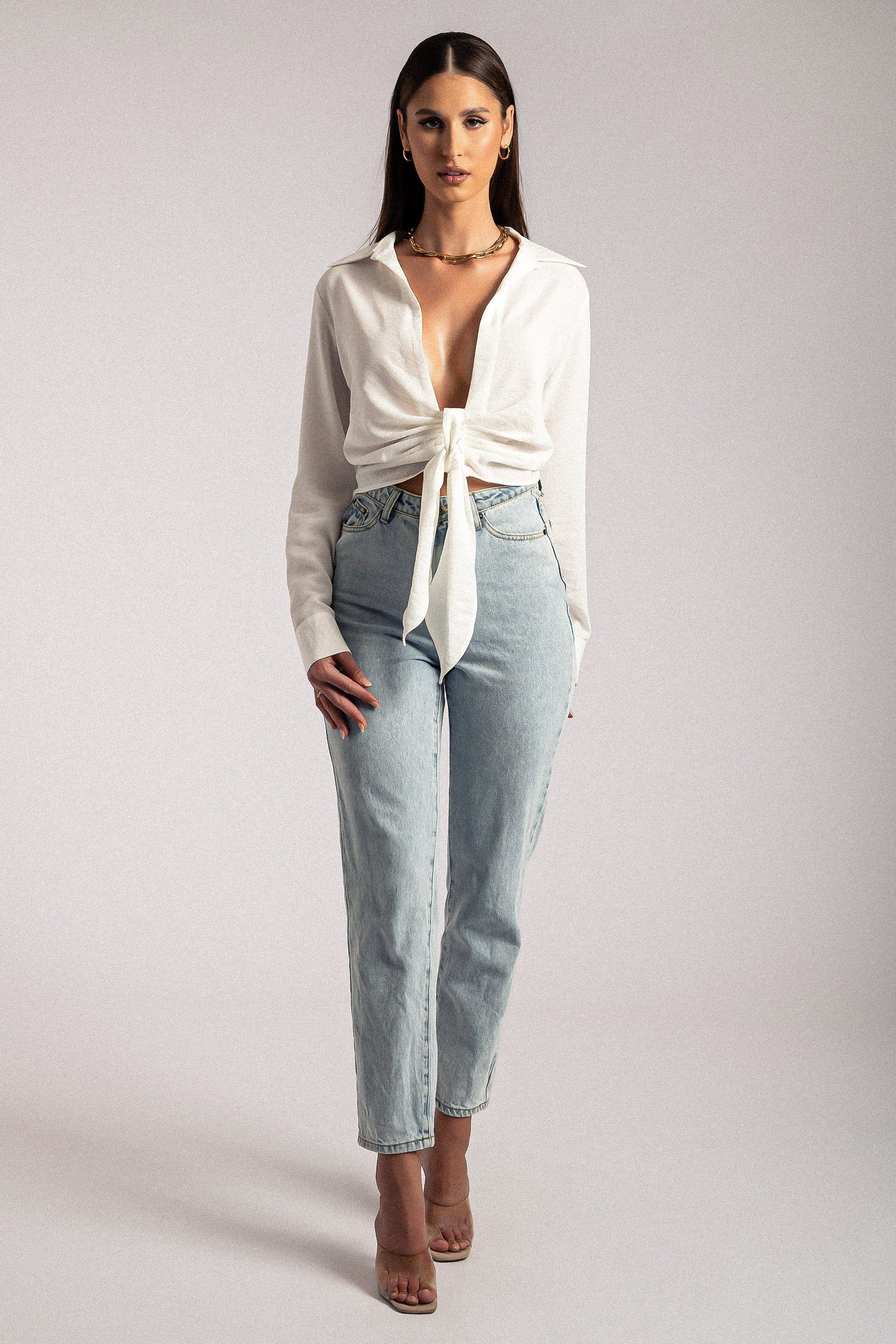 Rona Front Tie Long Sleeve Crop Top - White sold by Meshki product image thumbnail 9