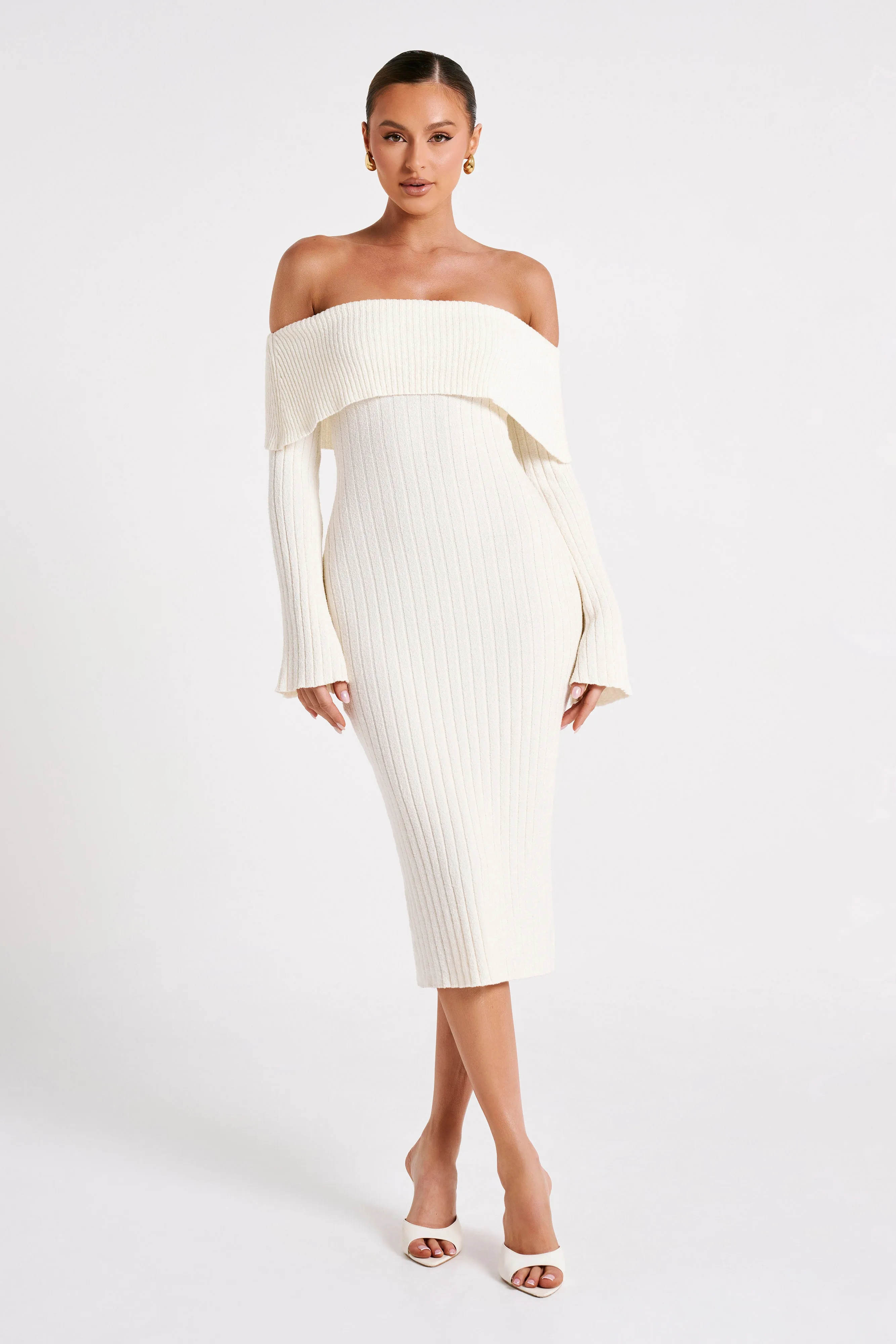 Stefania Off Shoulder Knit Dress - White sold by Meshki