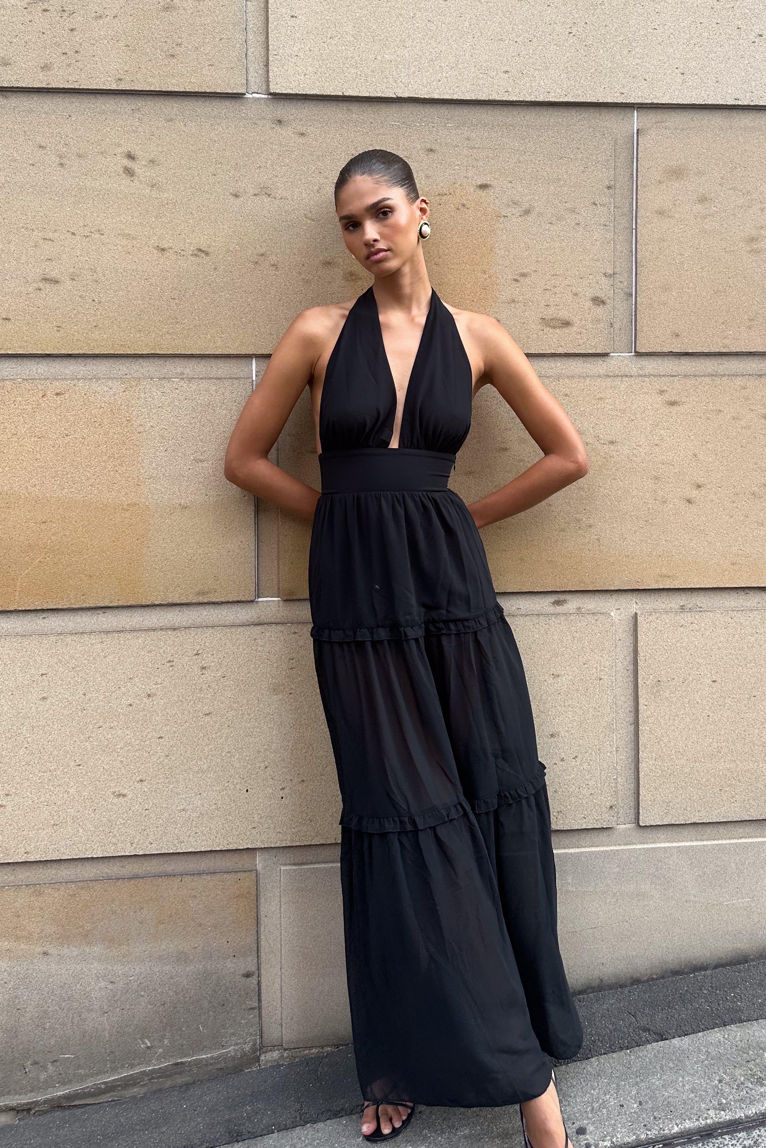 Marianna Tiered Halter Maxi Dress - Black | Parallel