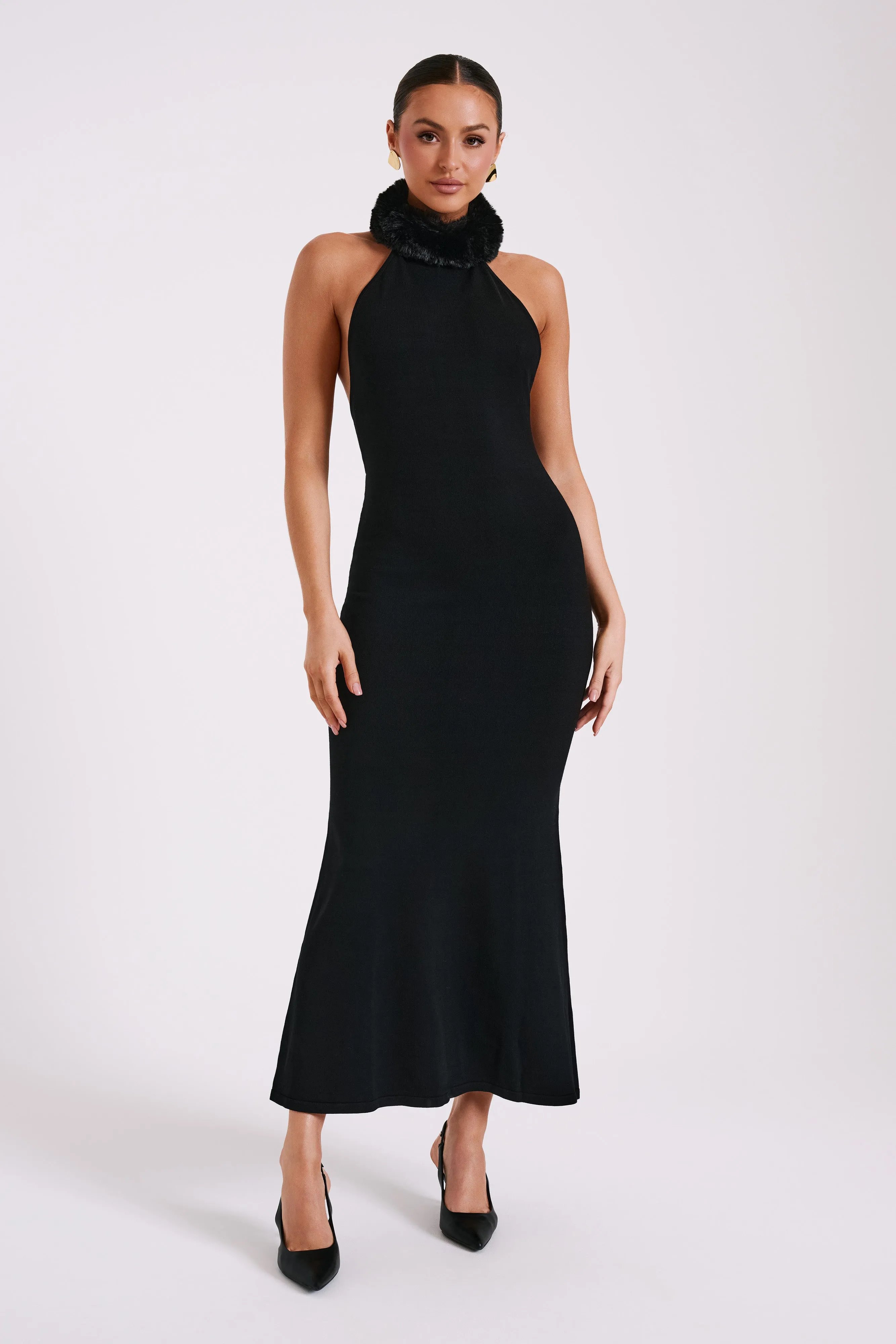Elva Halter Knit Maxi Dress With Faux Fur - Black sold by Meshki