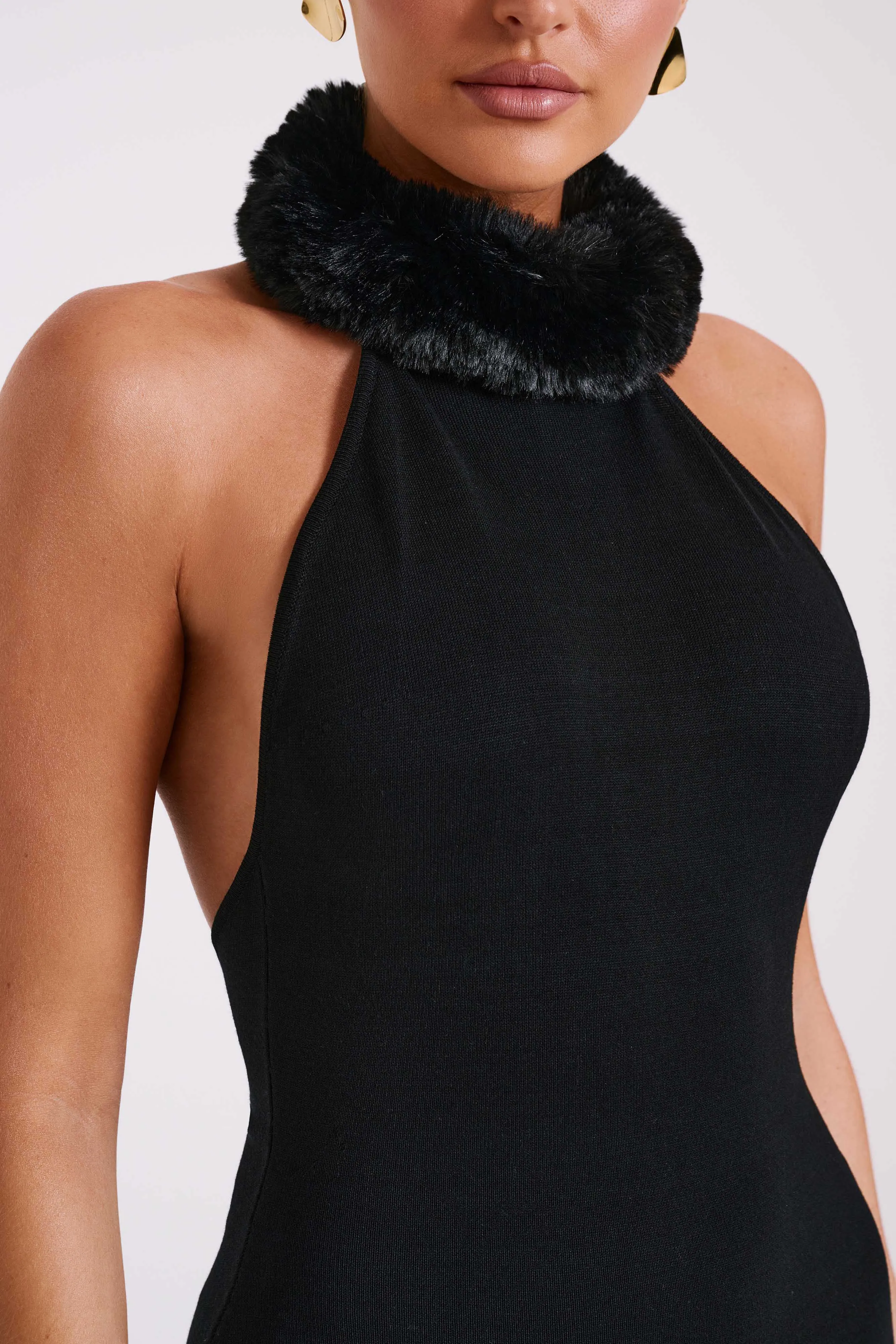 Elva Halter Knit Maxi Dress With Faux Fur - Black sold by Meshki product image thumbnail 5