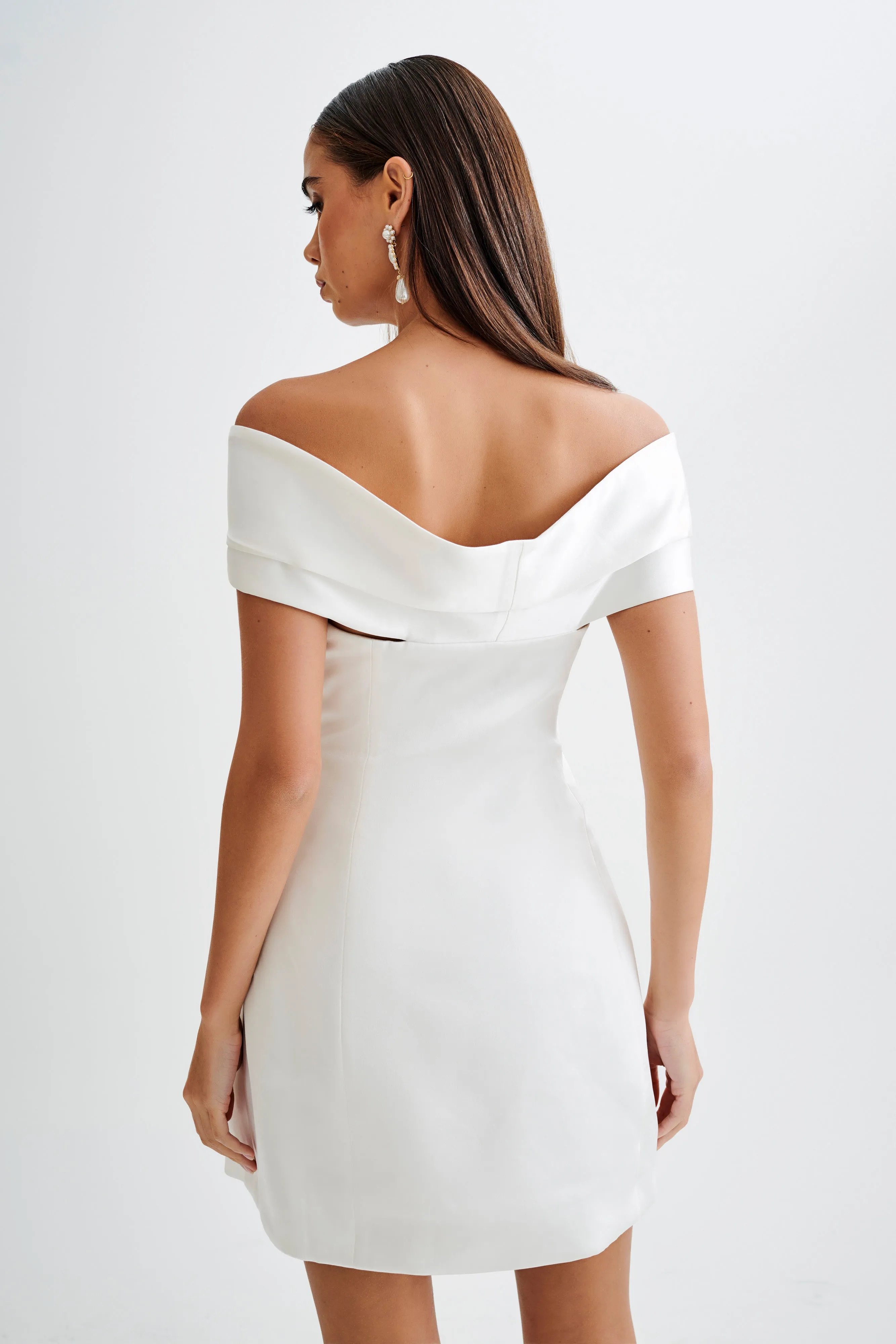 Evita Satin Off Shoulder Mini Dress - White sold by Meshki product image thumbnail 3