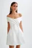 Evita Satin Off Shoulder Mini Dress - White sold by Meshki