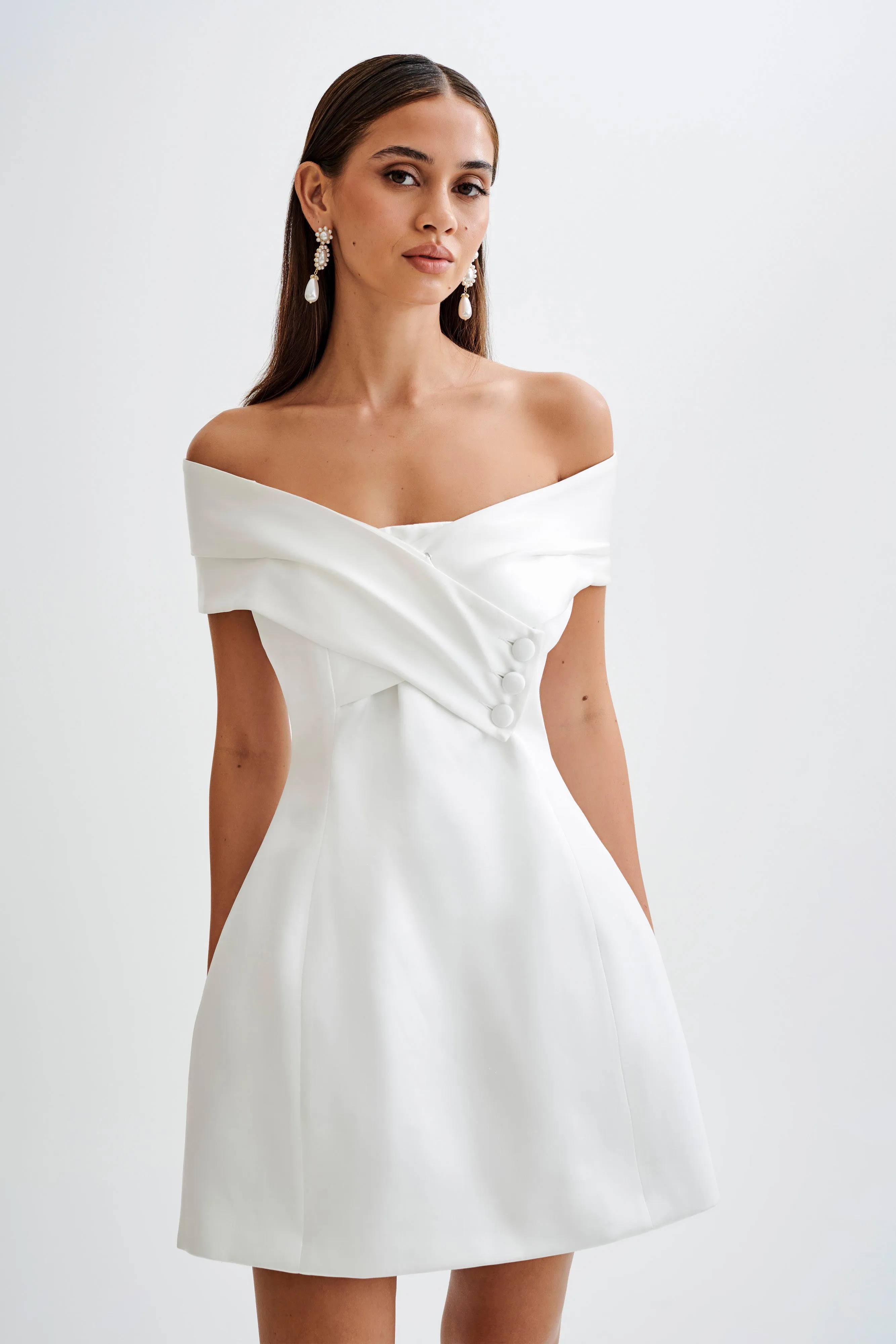 Evita Satin Off Shoulder Mini Dress - White sold by Meshki product image thumbnail 4