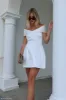 Evita Satin Off Shoulder Mini Dress - White sold by Meshki