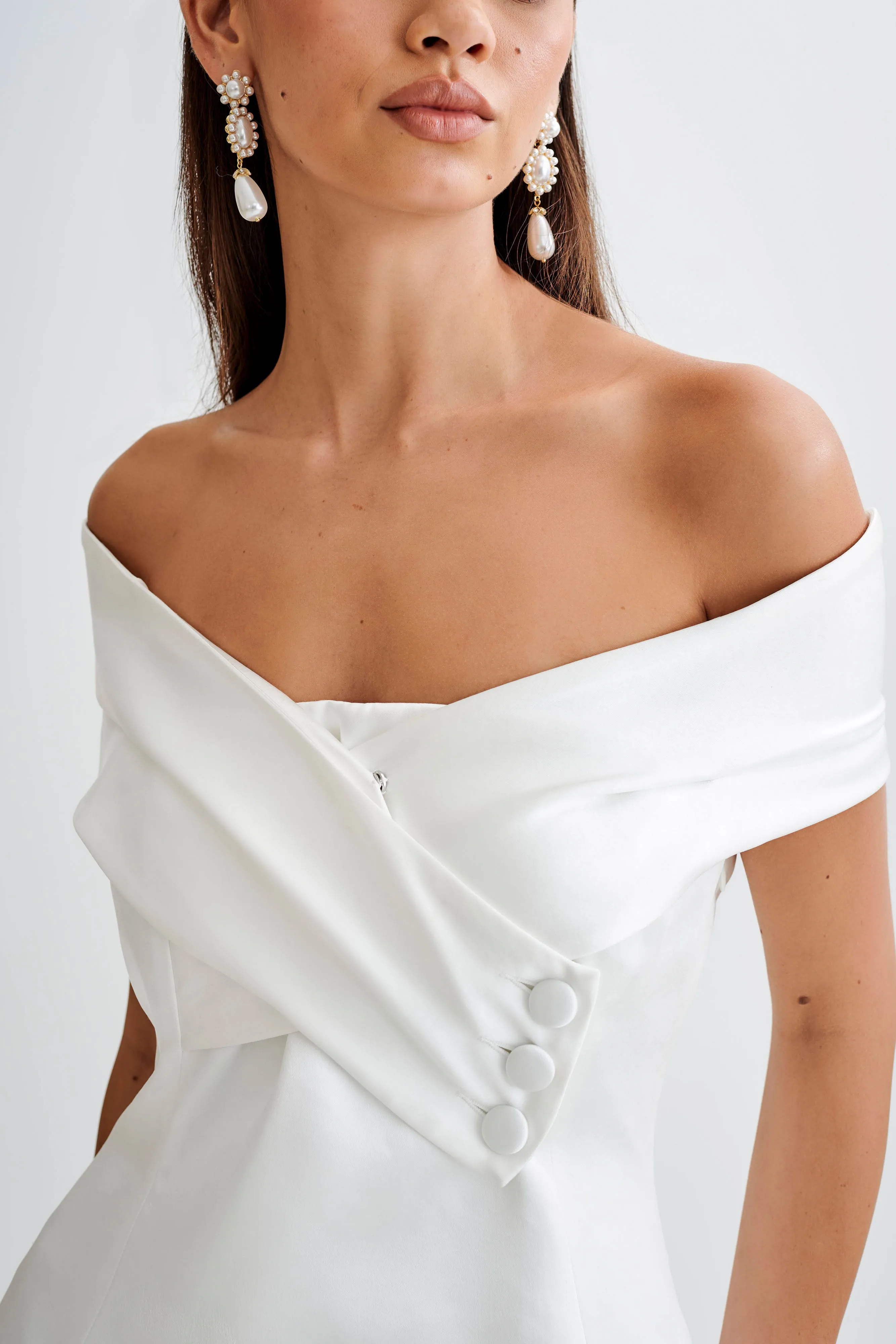 Evita Satin Off Shoulder Mini Dress - White sold by Meshki product image thumbnail 5