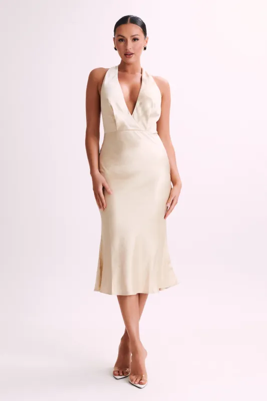 Terri Satin Cowl Midi Dress - Gold sold by Meshki