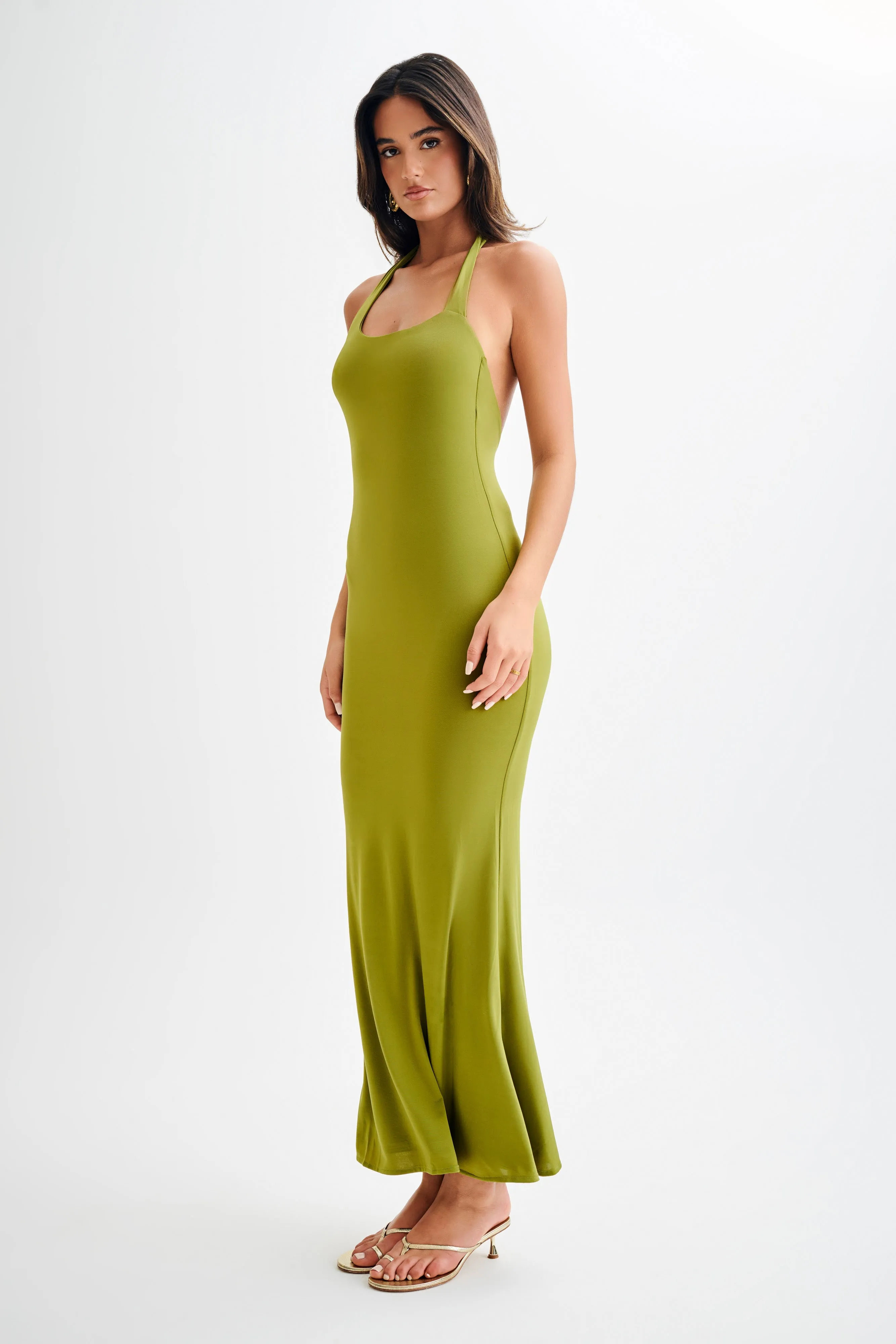 Marianne Asymmetrical Slinky Maxi Dress - Vintage Olive sold by Meshki product image thumbnail 4