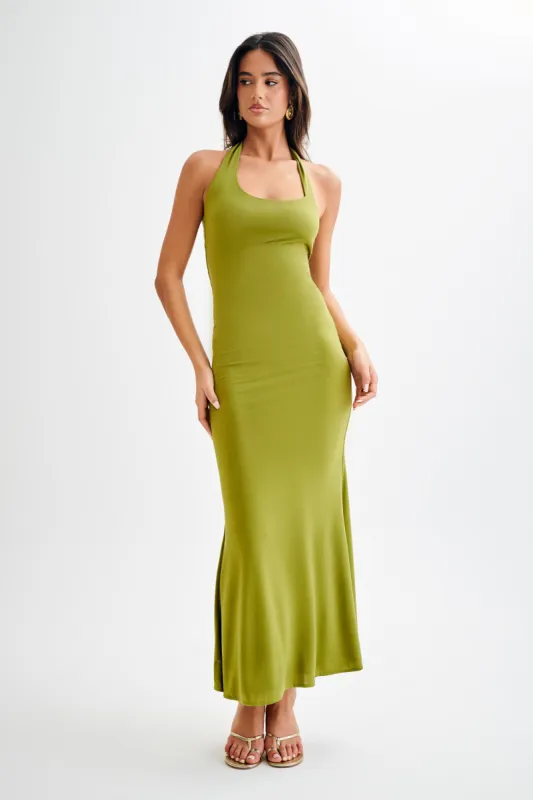 Marianne Asymmetrical Slinky Maxi Dress - Vintage Olive sold by Meshki