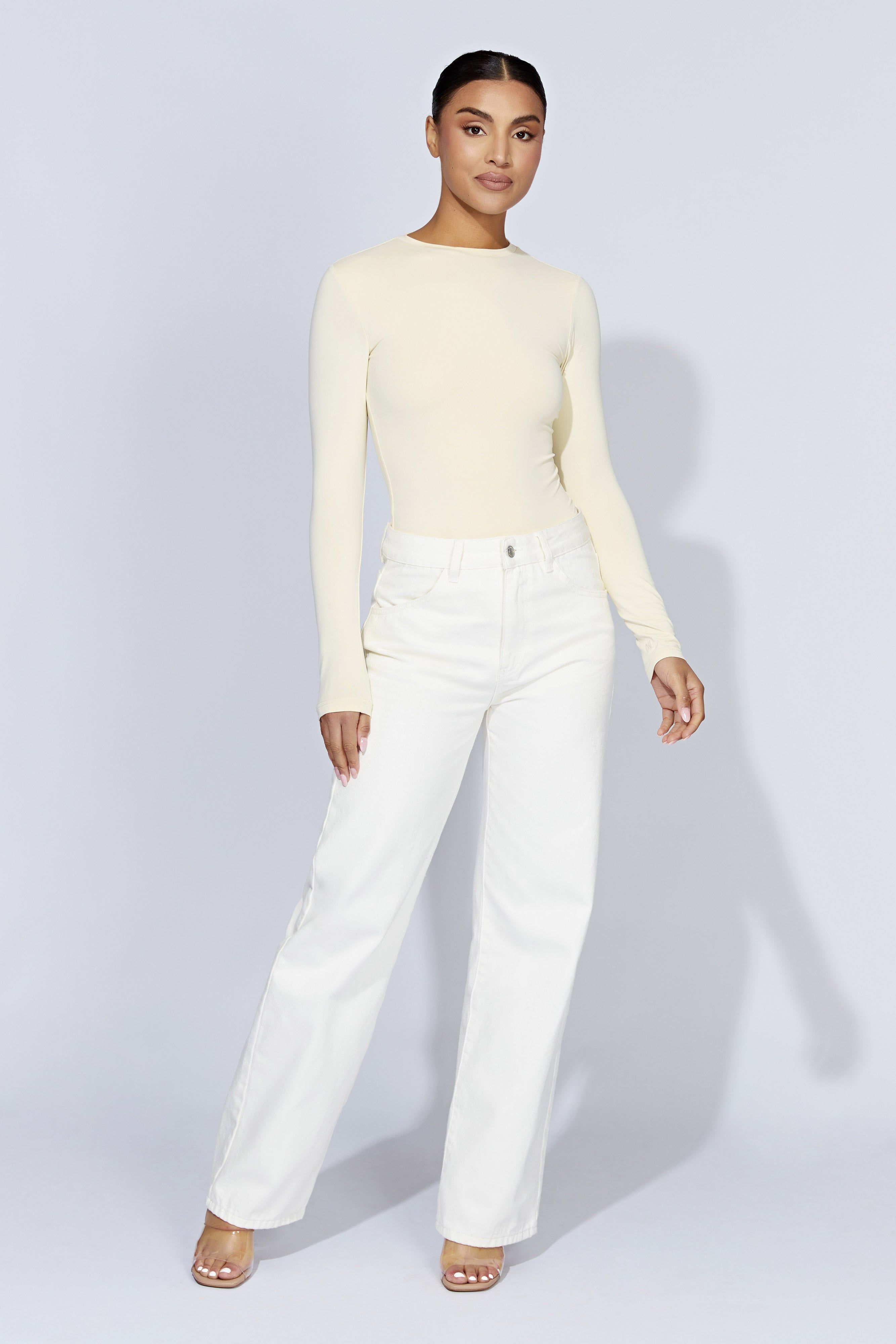 Delilah Long Sleeve Crew Neck Bodysuit - Cream sold by Meshki product image thumbnail 3