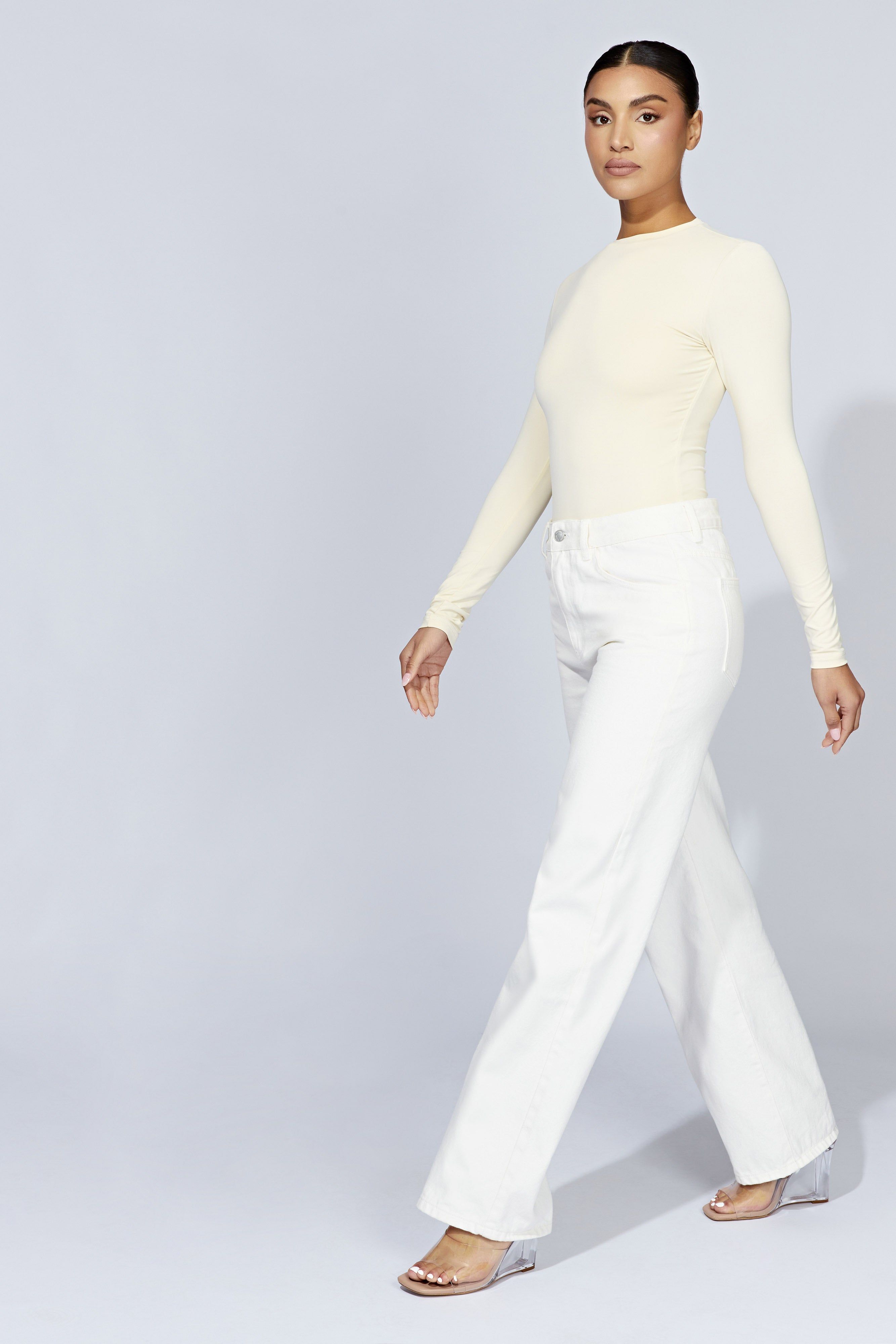 Delilah Long Sleeve Crew Neck Bodysuit - Cream sold by Meshki product image thumbnail 5
