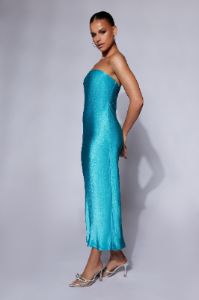 Tyler Strapless Satin Midi Dress - Cyan Blue sold by Meshki