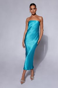 Tyler Strapless Satin Midi Dress - Cyan Blue sold by Meshki