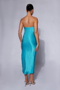 Tyler Strapless Satin Midi Dress - Cyan Blue sold by Meshki