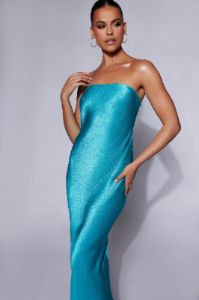 Tyler Strapless Satin Midi Dress - Cyan Blue sold by Meshki