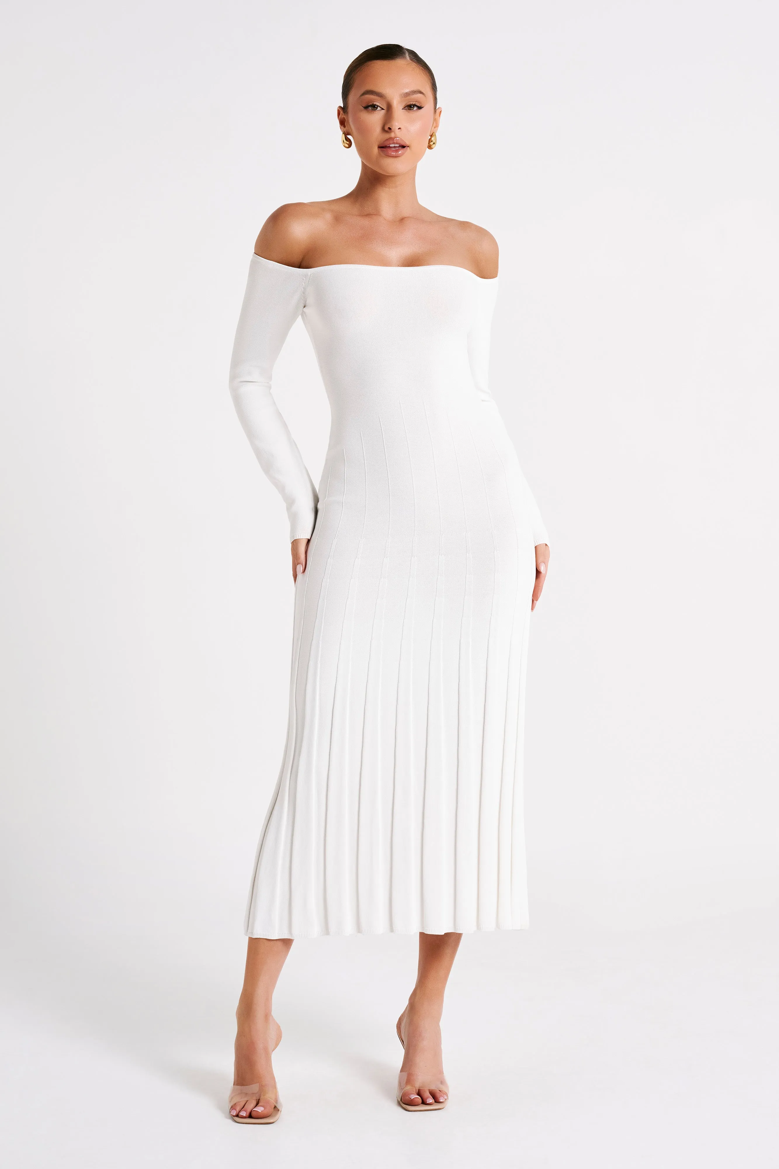 Emmeline Long Sleeve Rib Knit Midi Dress - White sold by Meshki