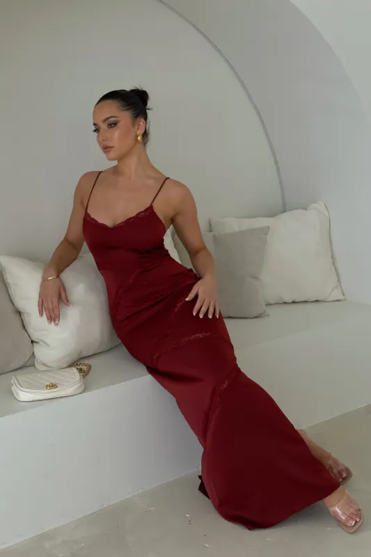 Prue Spliced Lace Maxi Dress - Cherry Chocolate made by Meshki