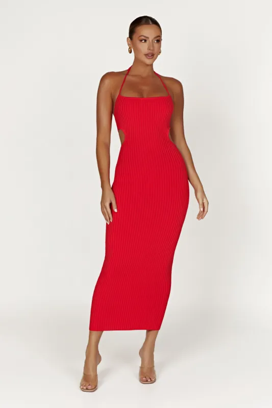 Morgan Halter Knit Midi Dress - Red sold by Meshki