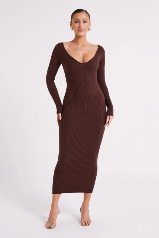 Nina Long Sleeve Knit Midi Dress - Chocolate sold by Meshki