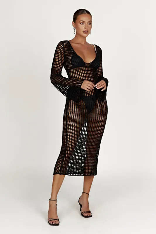 Murphy Long Sleeve Crochet Maxi Dress - Black sold by Meshki