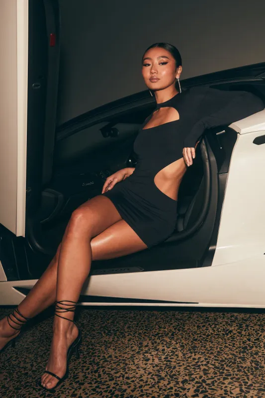 Kat One Shoulder Glove Mini Dress With Cut Out - Black sold by Meshki