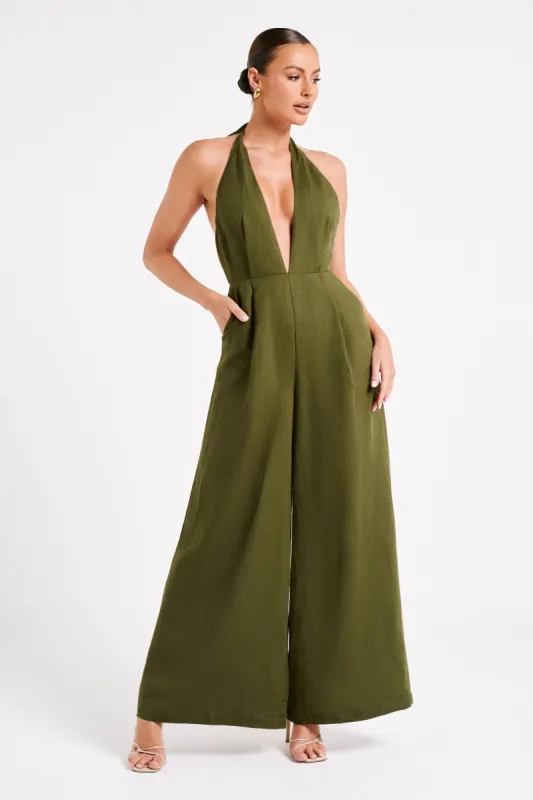 Blanca Linen Halter Jumpsuit - Khaki sold by Meshki