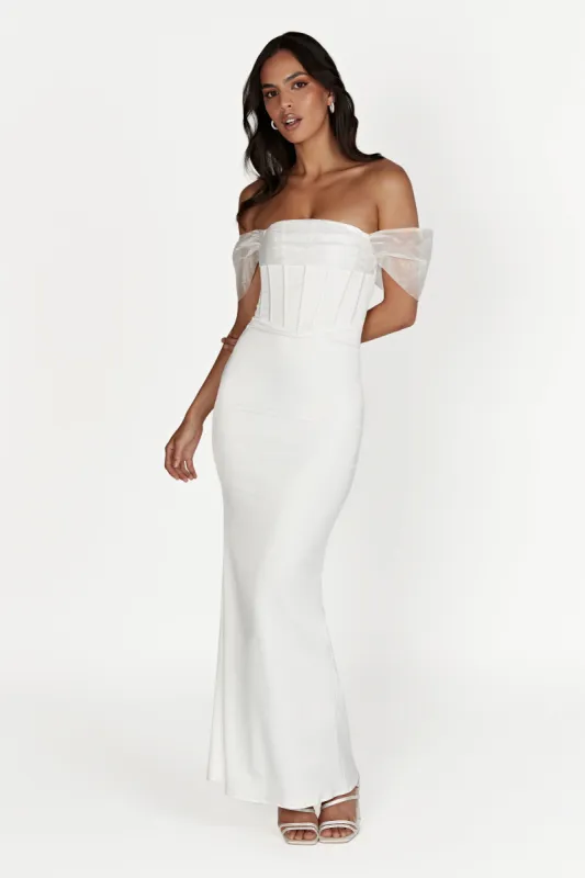 Everly Off Shoulder Organza Satin Maxi Dress - White made by Meshki