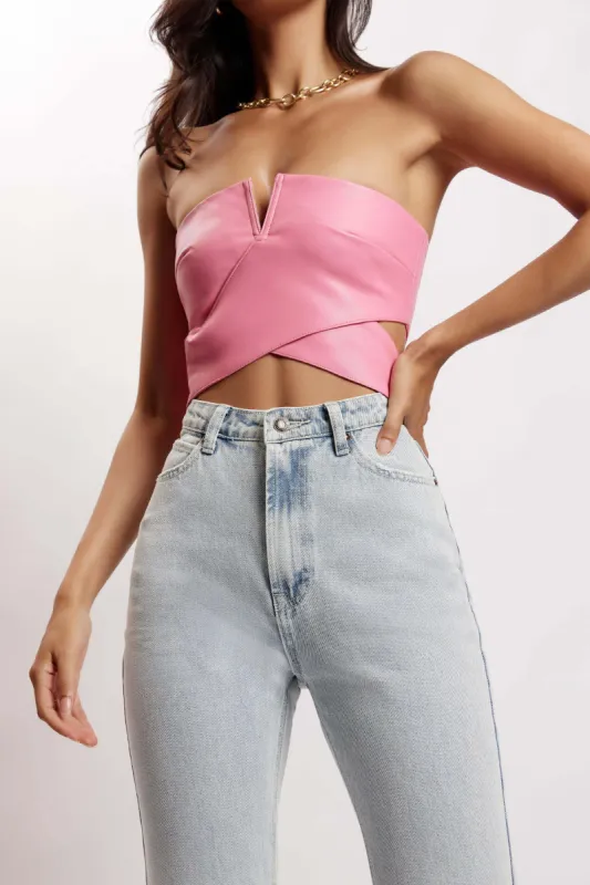 Perrie Faux Leather Cut Out Crop Top - Pink sold by Meshki
