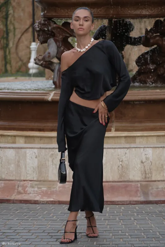 Violeta One Shoulder Satin Top - Black sold by Meshki