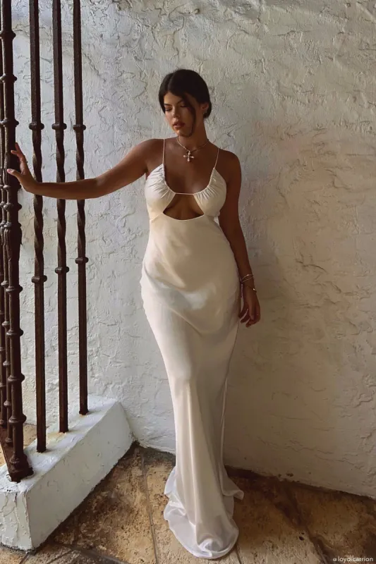 Sadie Maxi Satin Halter Ruched Slip Dress - White sold by Meshki