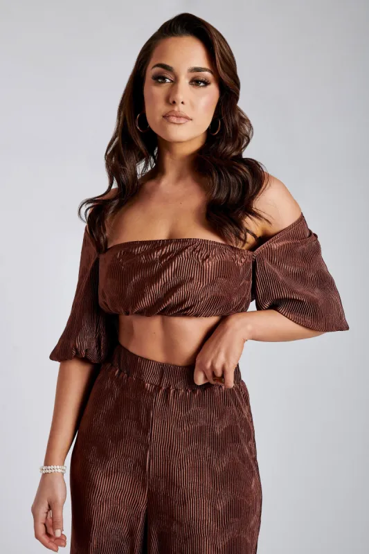 Cyra Pleated Crop Sleeve Top- Chocolate sold by Meshki